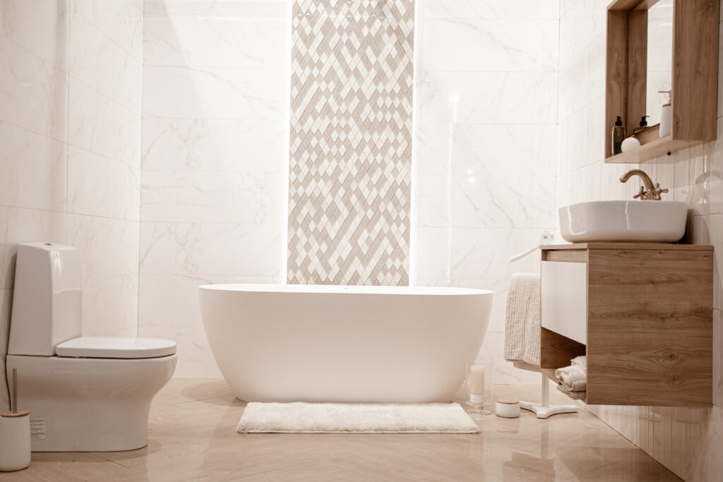 Modern bathroom interior with decorative elements. space for text.